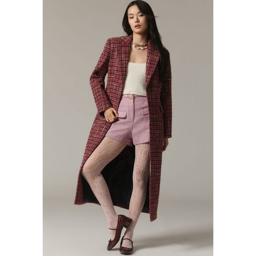 Avec Les Filles Anthropologie Long Coat Pink Plaid Bouclé Preppy Retro Small NWT